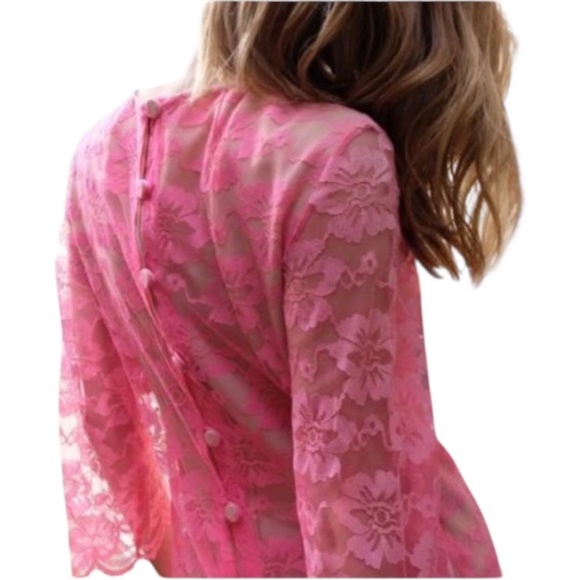 Vintage 60s Hot Pink Floral Lace Shift Mini Dress Sheer Bell Sleeve Slip • Small - Picture 15 of 16